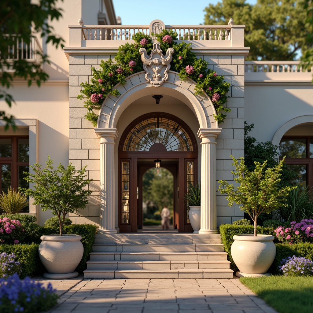 Prompt: Whimsical clinic facade, ornate Victorian details, soft pastel colors, delicate filigree patterns, grand entrance archways, elegant columns, intricate stonework, lush greenery, blooming flowers, natural stone walls, stained glass windows, warm golden lighting, shallow depth of field, 1/2 composition, romantic atmosphere, realistic textures, ambient occlusion.