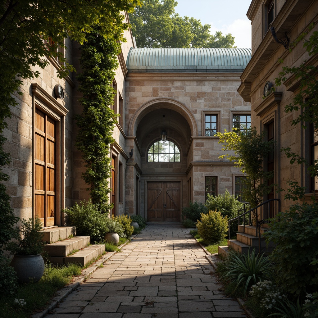 Prompt: Rustic stone walls, ornate carvings, grand archways, ribbed vaults, stained glass windows, intricate mosaics, weathered copper roofs, worn wooden doors, ornamental ironwork, lush greenery, overgrown vines, misty morning light, soft warm glow, shallow depth of field, 1/2 composition, realistic textures, ambient occlusion.