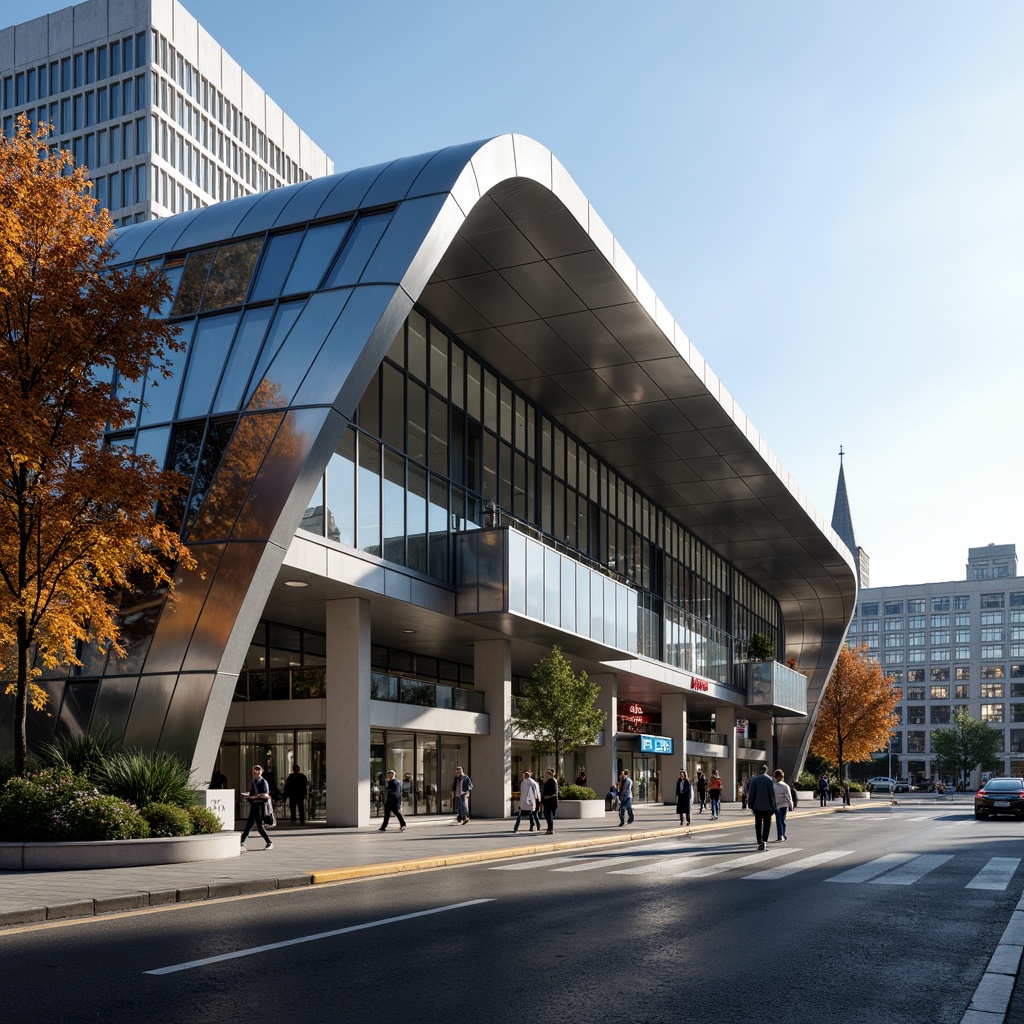 Prompt: Sleek train station facade, curved lines, metallic materials, silver accents, large glass windows, minimalist design, modernist architecture, urban landscape, bustling city streets, morning commute, natural light pouring in, shallow depth of field, 1/2 composition, symmetrical framing, realistic reflections, ambient occlusion, futuristic vibe, dynamic curves, cantilevered rooflines, exposed ductwork, industrial chic aesthetic, polished concrete floors, stainless steel columns.