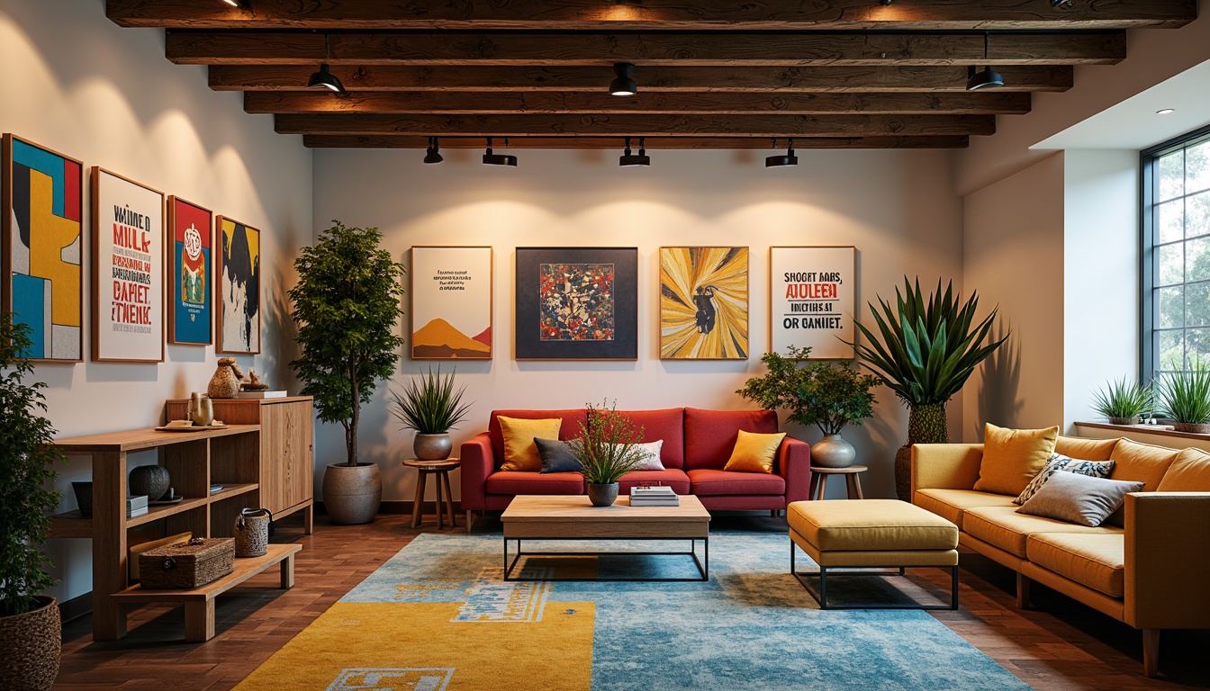 Prompt: Vibrant artistic studio, eclectic furniture pieces, abstract artwork displays, natural wood accents, bold color blocks, creative inspirational quotes, modern designer's workspace, warm cozy lighting, shallow depth of field, 1/1 composition, realistic textures, ambient occlusion.