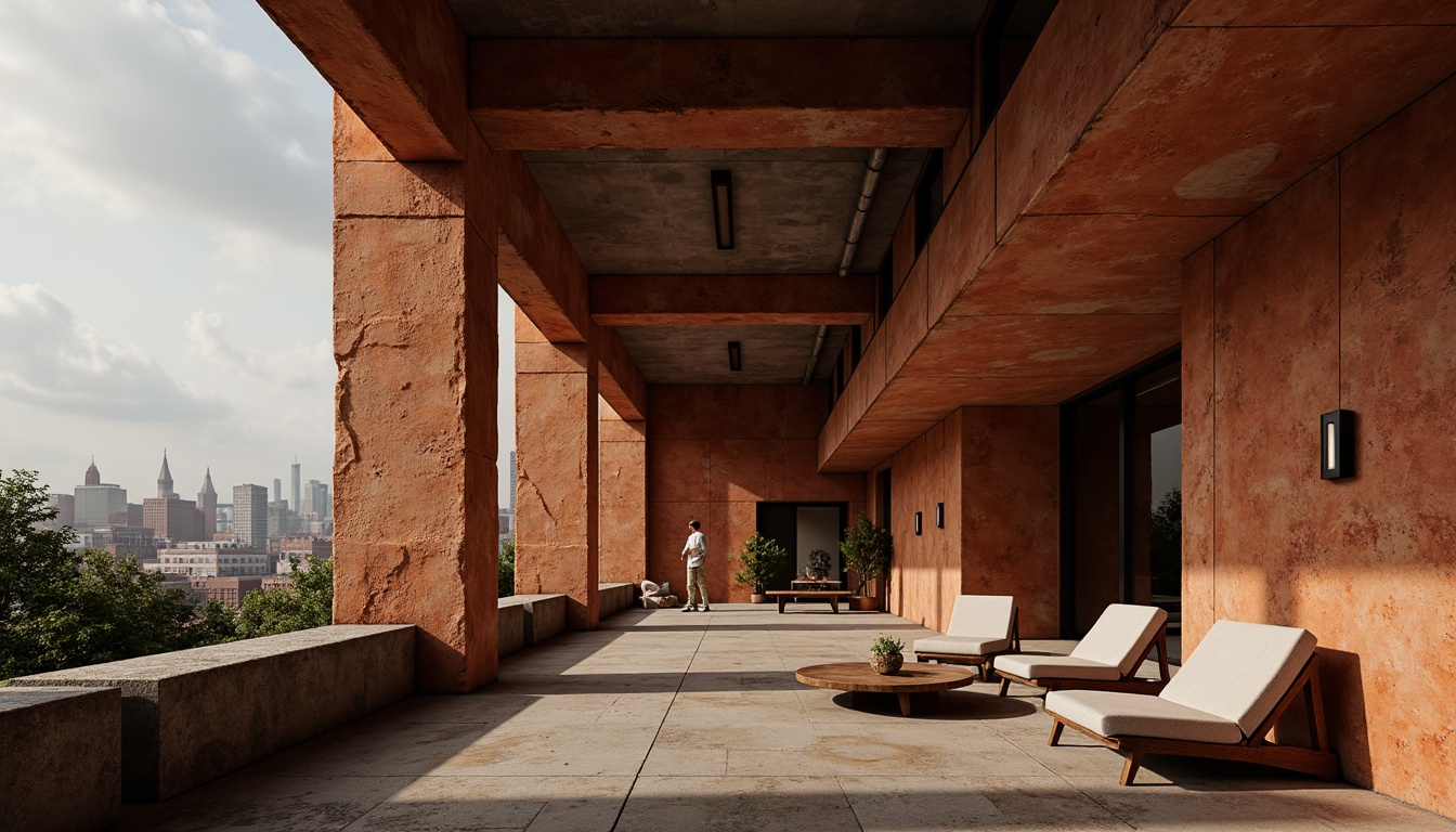 Prompt: Rugged brutalist architecture, persimmon-hued concrete walls, industrial metal accents, raw unfinished textures, dramatic shadows, bold geometric forms, minimalist decor, urban cityscape, overcast sky, low-angle shot, cinematic lighting, high-contrast ratio, gritty realistic render, intricate architectural details, rough stone floors, exposed ductwork, functional minimalism.