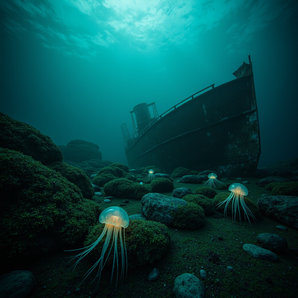 Prompt: Mysterious underwater scene, dark cyan hues, eerie bioluminescent creatures, glowing jellyfish, abandoned shipwreck, rusty metal debris, seaweed-covered rocks, misty ocean atmosphere, soft blue-green lighting, shallow depth of field, 1/2 composition, cinematic mood, realistic water textures, subtle ambient occlusion.