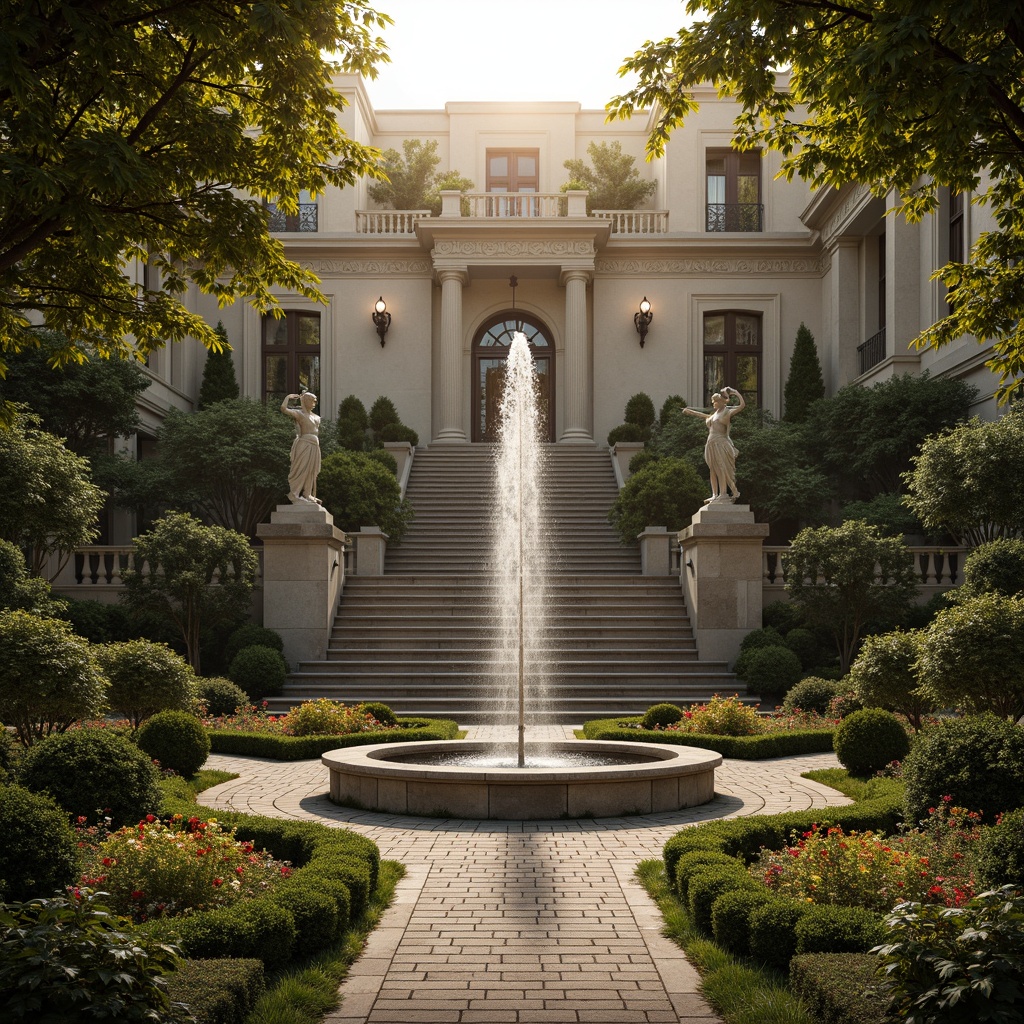 Prompt: Ornate fountain, grand staircase, symmetrical gardens, manicured hedges, topiary trees, vibrant flowerbeds, statues of mythological figures, intricate stone carvings, ornate iron gates, meandering walkways, tranquil ponds, reflecting pools, majestic entranceways, dramatic lighting effects, warm golden illumination, 1/2 composition, shallow depth of field, realistic textures, ambient occlusion.