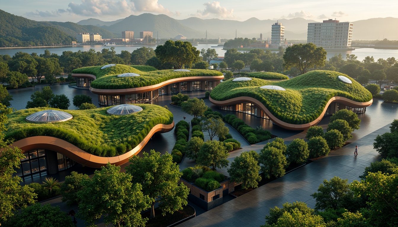 Prompt: Undulating rooflines, organic shapes, verdant green roofs, lush vegetation, self-sustaining ecosystem, futuristic curves, biomimicry-inspired design, iridescent colors, shimmering effects, metallic materials, glowing accents, soft warm lighting, dramatic shadows, 3/4 composition, panoramic view, realistic textures, ambient occlusion.