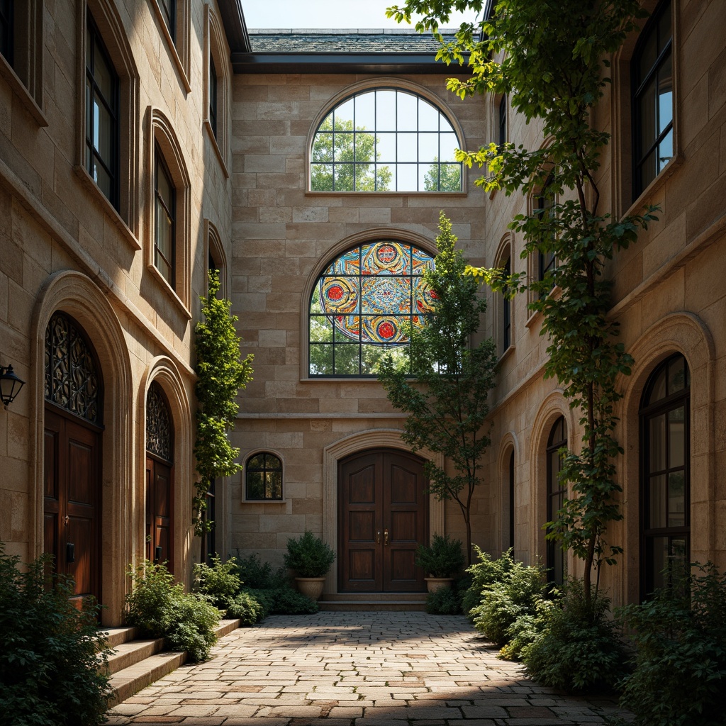 Prompt: Rustic stone walls, ornate carvings, grand archways, ribbed vaults, stained glass windows, intricate mosaics, weathered copper roofs, worn wooden doors, ornamental ironwork, lush greenery, overgrown vines, misty morning light, soft warm glow, shallow depth of field, 1/2 composition, realistic textures, ambient occlusion.