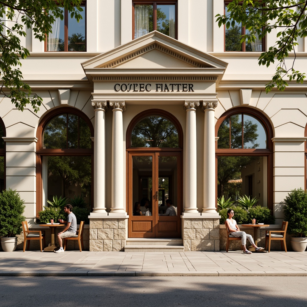 Prompt: Elegant coffee shop facade, neoclassical columns, ornate cornices, symmetrical composition, grand entrance, wooden doors, bronze hardware, large windows, frosted glass, subtle arches, soft cream-colored walls, rustic stone base, lush greenery, potted plants, outdoor seating area, warm sunny day, soft natural lighting, shallow depth of field, 1/1 composition, realistic textures, ambient occlusion.