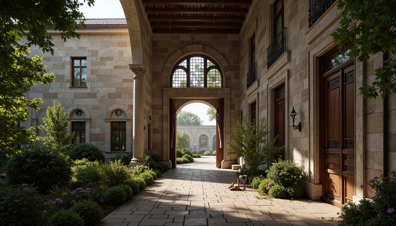 Prompt: Rustic stone walls, ornate carvings, grand archways, ribbed vaults, stained glass windows, intricate mosaics, weathered copper roofs, worn wooden doors, ornamental ironwork, lush greenery, overgrown vines, misty morning light, soft warm glow, shallow depth of field, 1/2 composition, realistic textures, ambient occlusion.