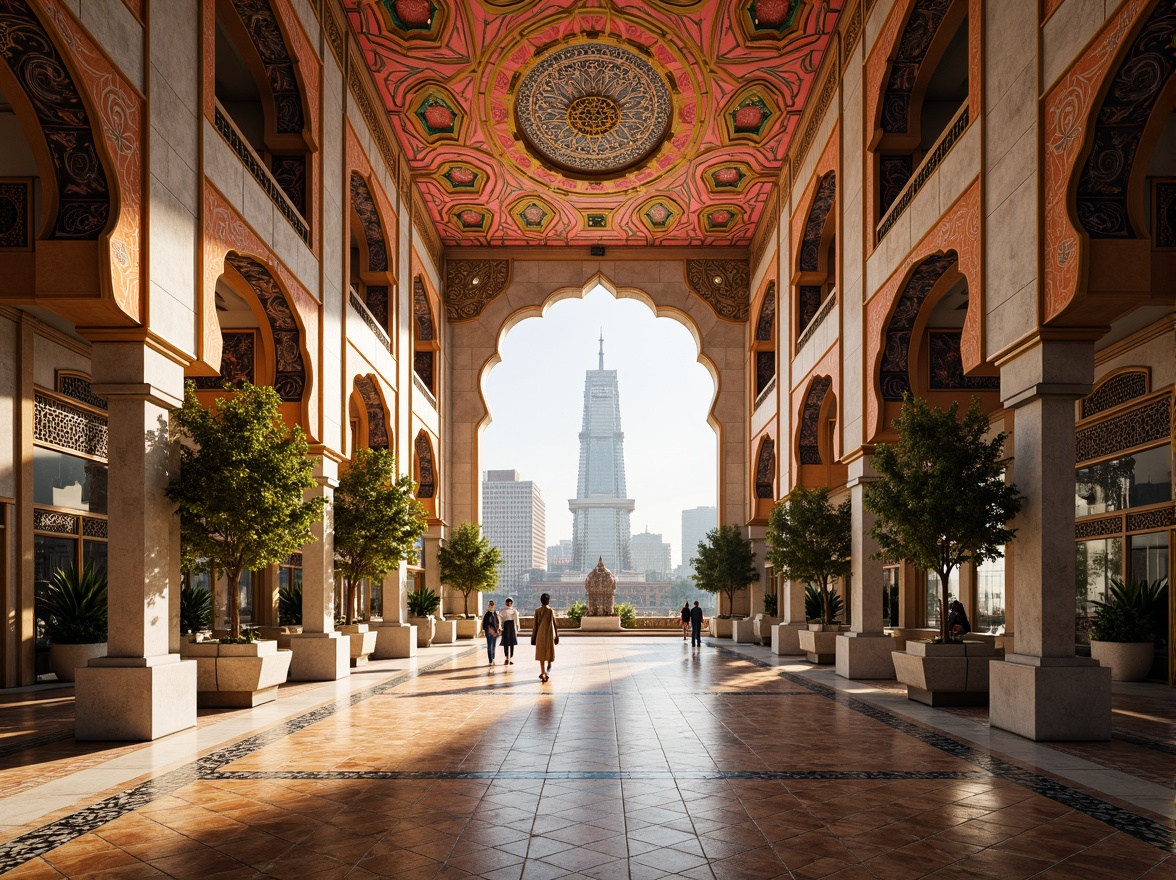 Prompt: Vibrant Islamic-inspired architecture, intricate geometric motifs, ornate tile work, majestic arches, symmetrical compositions, futuristic urban landscape, sleek metallic skyscrapers, angular lines, minimalist design, modern Islamic art influences, kaleidoscope colors, mesmerizing patterns, sacred geometry, spiritual ambiance, warm golden lighting, shallow depth of field, 3/4 composition, panoramic view, realistic textures, ambient occlusion.