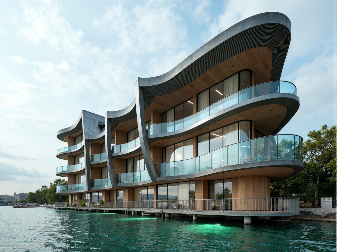 Prompt: Curved ocean-facing facade, futuristic metallic cladding, iridescent glass panels, undulating waves-inspired roofline, cantilevered balconies, minimalist nautical-themed railings, weathered wood accents, driftwood-textured walls, sea-salt-eroded concrete floors, aquatic-green-tinted windows, soft ocean-breeze-inspired lighting, shallow depth of field, 1/1 composition, cinematic view, realistic water simulations, ambient occlusion.Please let me know if this meets your requirements!