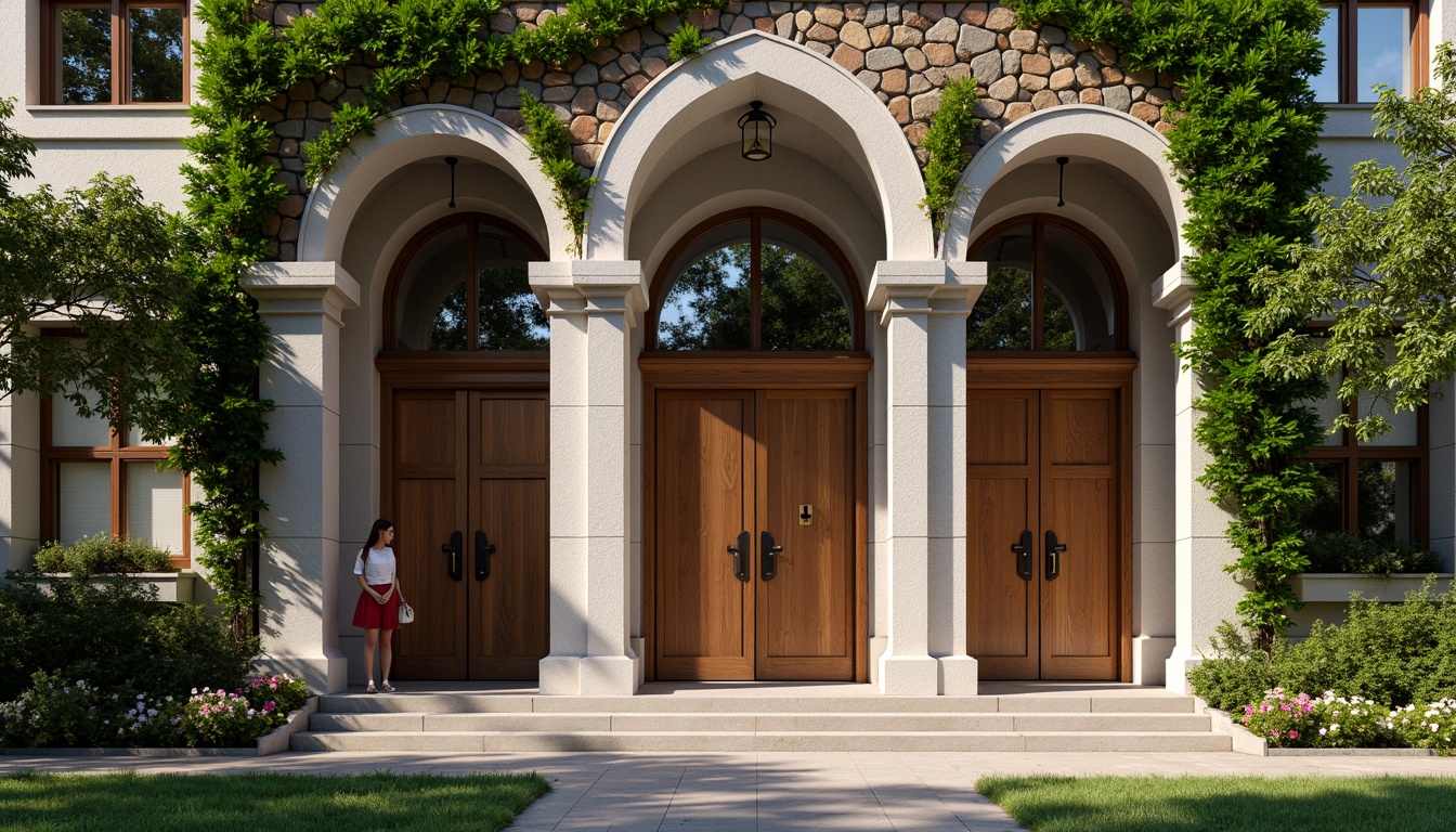 Prompt: Rustic stone facade, classic columns, ornate details, symmetrical composition, grand entrance, wooden doors, bronze hardware, stained glass windows, ivy-covered walls, lush greenery, historic architecture, academic institutions, prestigious atmosphere, natural light, warm color palette, textured stonework, subtle arches, elegant proportions, formal landscaping, manicured lawns, seasonal flowers, afternoon sunlight, soft shadows, shallow depth of field, 1/2 composition.