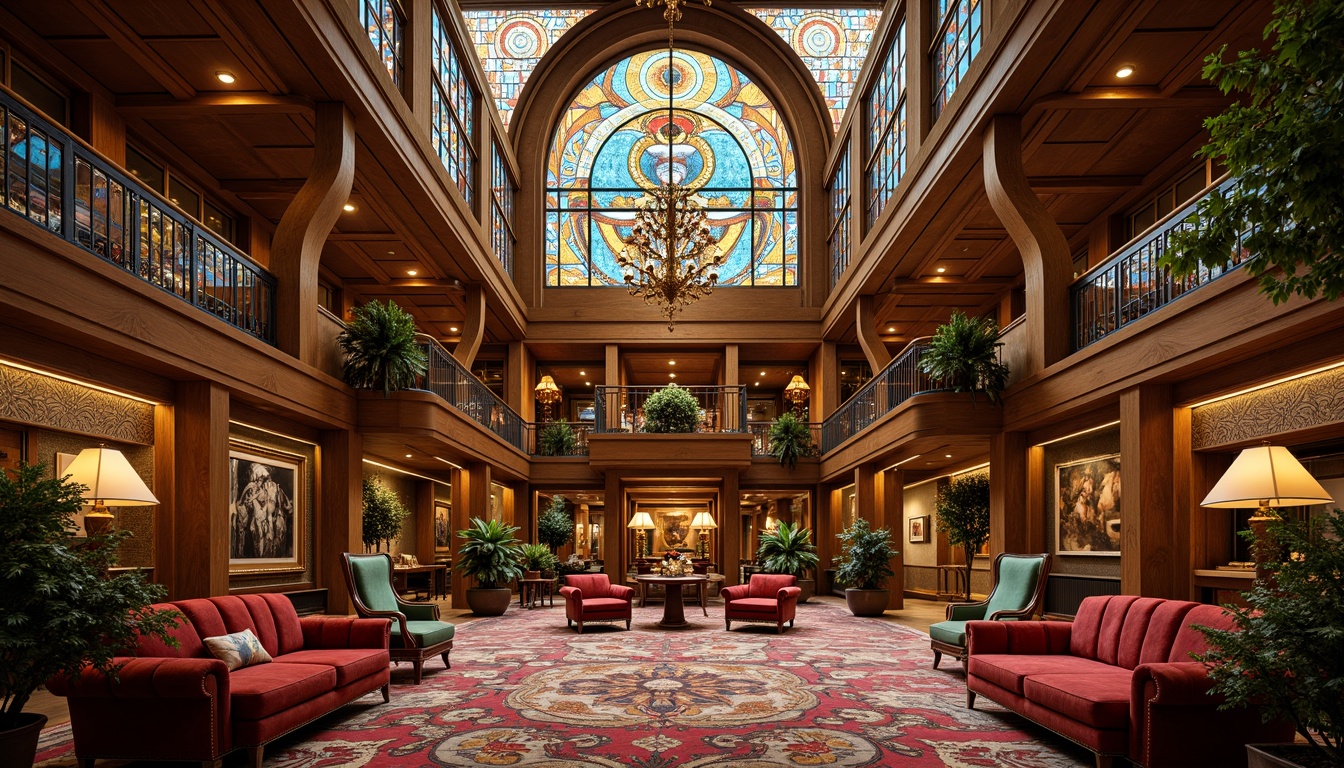 Prompt: Ornate hotel lobby, flowing organic lines, sinuous curves, vibrant stained glass windows, intricate mosaics, luxurious velvet fabrics, polished bronze fixtures, ornamental ironwork, opulent chandeliers, richly patterned rugs, exotic wood paneling, grand staircases, lavish furnishings, warm golden lighting, shallow depth of field, 1/2 composition, realistic textures, ambient occlusion, innovative materials, sustainable designs, eco-friendly furniture, recycled glass decor, natural fiber textiles.