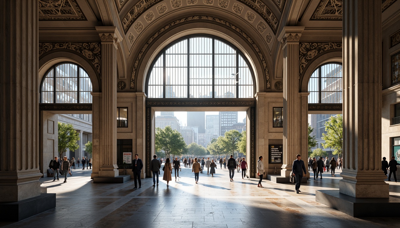 Prompt: Grand metro station entrance, elegant archways, imposing columns, academic-inspired fa\u00e7ade, modernized neoclassical style, subtle ornate details, polished granite flooring, expansive glass ceilings, abundant natural light, sophisticated LED lighting, dynamic urban vibe, bustling pedestrian traffic, vibrant city life, intricate mosaic patterns, durable stainless steel materials, sleek minimalist benches, advanced digital signage, intuitive wayfinding systems, panoramic urban views, shallow depth of field, 2/3 composition, realistic reflections.