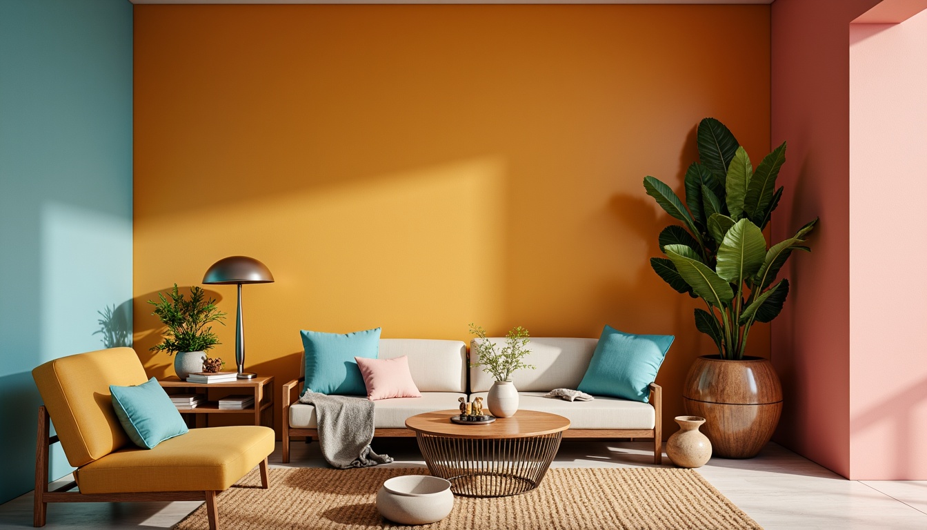 Prompt: Vibrant modern interior, bold accent walls, pastel furniture, metallic decorations, natural wood accents, earthy tone ceramics, soft ambient lighting, 3/4 composition, shallow depth of field, realistic textures, warm color harmony, analogous color scheme, contrasting bold typography, clean minimalist layout.