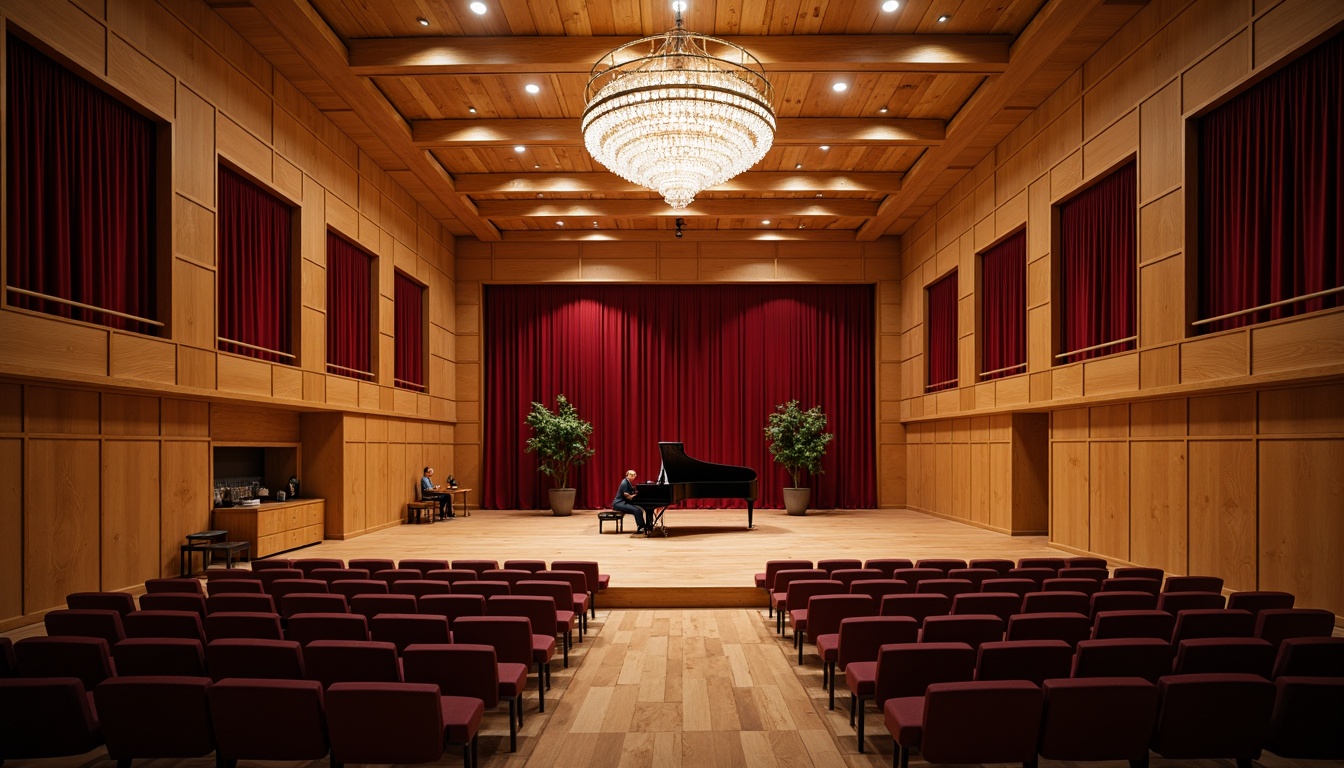 Prompt: Luxurious concert hall, wooden flooring, sound-absorbing panels, velvet curtains, crystal chandeliers, grand pianos, comfortable seating, intimate setting, warm ambiance, soft lighting, diffused reflections, 1/2 composition, shallow depth of field, realistic textures, ambient occlusion.