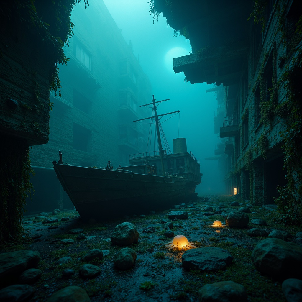 Prompt: Mysterious underwater scene, dark cyan hues, eerie bioluminescent creatures, glowing jellyfish, abandoned shipwreck, rusty metal debris, seaweed-covered rocks, misty ocean atmosphere, soft blue-green lighting, shallow depth of field, 1/2 composition, cinematic mood, realistic water textures, subtle ambient occlusion.