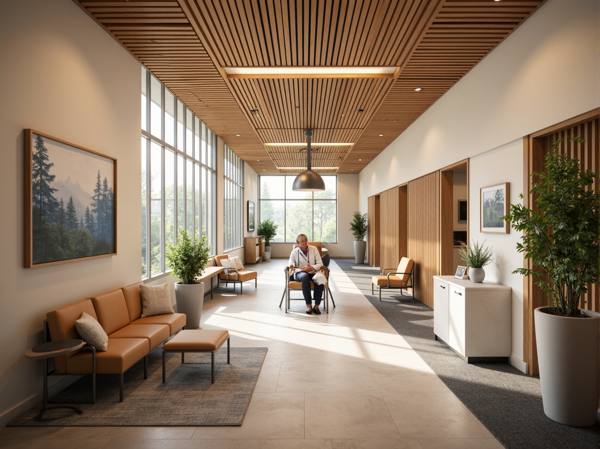 Prompt: Soothing healthcare facility, natural wood accents, calming color palette, acoustic ceiling tiles, comfortable seating areas, warm LED lighting, minimalist decor, ergonomic furniture, anti-microbial surfaces, easy-to-clean materials, non-slip flooring, accessible ramps, spacious corridors, abundant natural light, soft shadows, 1/1 composition, shallow depth of field, realistic textures, ambient occlusion.