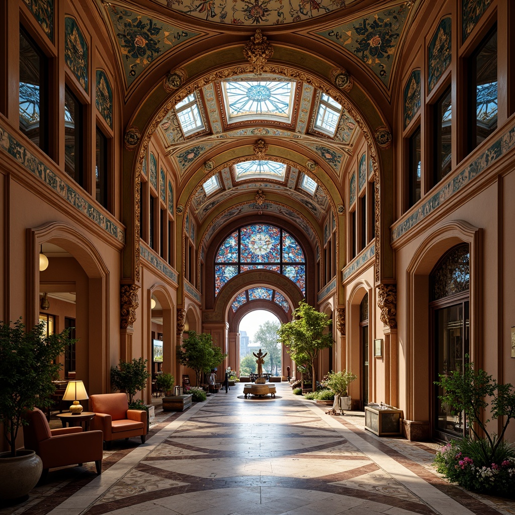 Prompt: Intricate ornate facades, flowing organic lines, sinuous curves, vibrant colorful mosaics, stained glass windows, grand entrance archways, luxurious hotel lobbies, rich wood paneling, ornamental metalwork, fluid botanical patterns, soft warm lighting, shallow depth of field, 1/1 composition, realistic textures, ambient occlusion.