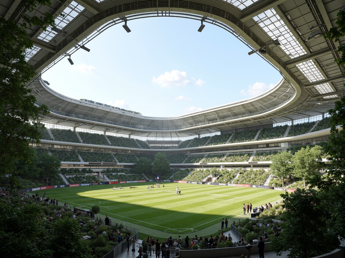 Prompt: Large soccer stadium, open-air structure, natural ventilation systems, wind-driven airflow, clerestory windows, high ceilings, exposed ductwork, steel beams, green roofs, living walls, vertical gardens, cantilevered seating areas, transparent roofs, abundant daylight, soft diffused lighting, panoramic views, 1/1 composition, shallow depth of field, realistic textures, ambient occlusion.