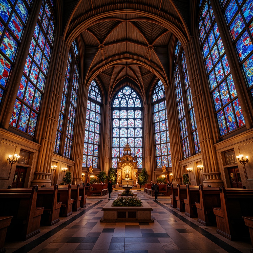 Prompt: Vibrant stained glass windows, kaleidoscope colors, intricate designs, Gothic Revival style, ornate details, majestic cathedrals, sacred atmospheres, filtered natural light, warm ambiance, rich textures, luxurious materials, opulent decorations, grandiose scales, symmetrical compositions, dramatic lighting effects, 1/1 aspect ratio, shallow depth of field, realistic reflections.