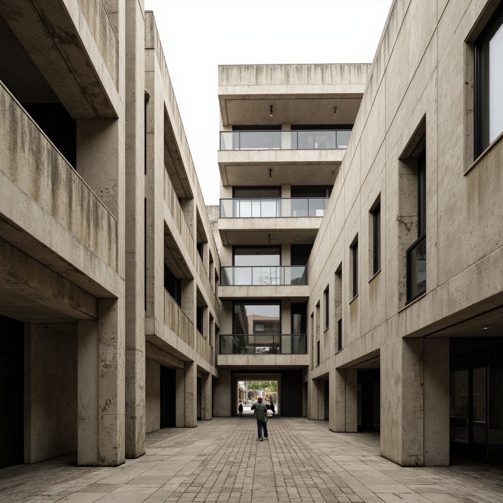 Prompt: Monochromatic brutalist architecture, raw concrete textures, industrial materials, bold geometric shapes, stark shadows, muted color palette, earthy tones, beige stucco walls, rugged stone facades, metallic accents, weathered steel beams, urban cityscape, overcast sky, dramatic lighting, high-contrast photography, symmetrical composition, abstract forms, minimalist aesthetic, functional simplicity, cold atmospheric mood, desaturated colors, brutalist monumentality.