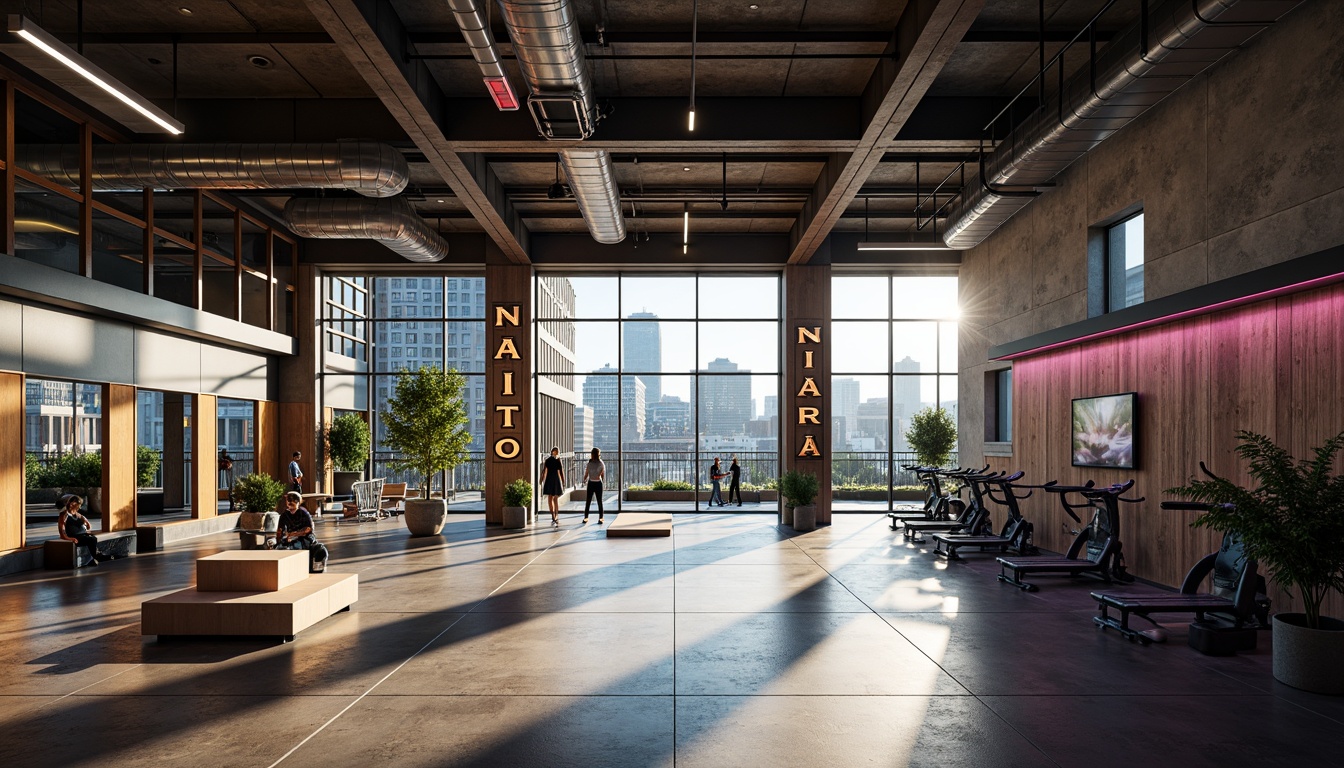 Prompt: Industrial chic fitness club, exposed ductwork, polished concrete floors, metallic beams, angular lines, minimalist decor, state-of-the-art equipment, neon color accents, futuristic lighting systems, large glass windows, urban cityscape views, morning sunlight, high-contrast shadows, shallow depth of field, 1/1 composition, symmetrical framing, bold typography, modernist architecture, raw concrete walls, steel columns, reclaimed wood accents, industrial-style lockers, dynamic LED lights, misting systems, abstract geometric patterns.