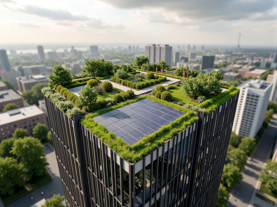 Prompt: Eco-friendly skyscraper, lush green roofs, solar panels, wind turbines, rainwater harvesting systems, recycled glass facades, low-carbon concrete structures, natural ventilation systems, living walls, urban agriculture, modern minimalist design, sleek metallic accents, angular lines, vibrant greenery, cloudy day, soft warm lighting, shallow depth of field, 3/4 composition, panoramic view, realistic textures, ambient occlusion.