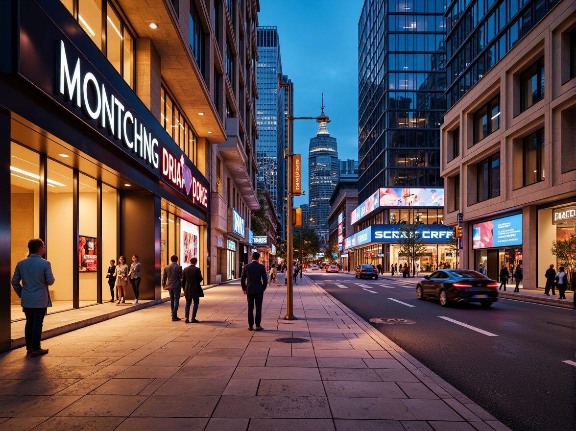 Prompt: Vibrant commercial district, neon signage, bold typography, metallic accents, polished marble floors, sleek glass facades, modern skyscrapers, bustling streets, urban landscape, warm golden lighting, shallow depth of field, 1/2 composition, realistic reflections, ambient occlusion, neutral beige walls, rich wood tones, deep blue ceilings, energetic color palette, contrasting textures, dynamic visual flow.