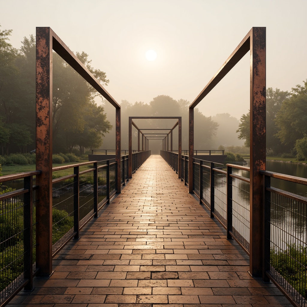 Prompt: Rustic copper pedestrian bridge, weathered patina finish, industrial metal texture, wooden plank walkway, steel cable railings, warm golden lighting, misty morning atmosphere, serene riverbank setting, lush green vegetation, natural stone abutments, modern minimalist design, sleek linear architecture, subtle reflective surfaces, ambient occlusion, shallow depth of field, 3/4 composition, panoramic view.