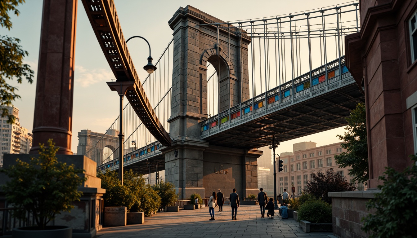 Prompt: Eclectic bridge, ornate ironwork, intricate stone carvings, grand arches, suspension cables, majestic piers, rustic stonework, vibrant color accents, eclectic mix of materials, industrial pipes, distressed wood textures, dynamic curved lines, asymmetrical composition, dramatic lighting effects, misty atmospheric conditions, warm golden hour, 1/2 composition, shallow depth of field, cinematic mood.