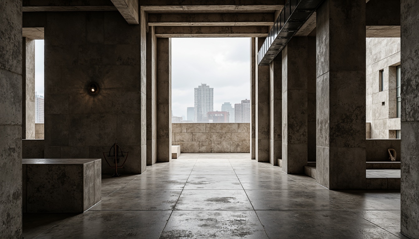 Prompt: Rugged brutalist building, exposed concrete walls, rough-hewn stone textures, weathered steel beams, industrial metal pipes, raw poured concrete floors, minimalist interior design, natural light pouring through narrow windows, dramatic shadows, bold geometric forms, fortress-like structures, urban cityscape background, overcast sky, soft diffused lighting, low-key composition, realistic material rendering, ambient occlusion.