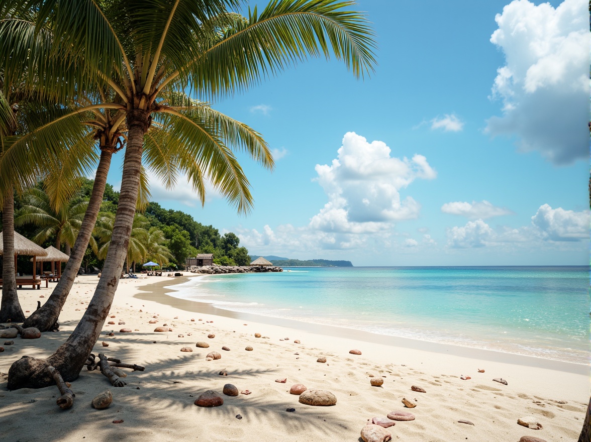 Prompt: Warm sandy beaches, crystal-clear turquoise waters, soft gentle waves, beachside palm trees, driftwood accents, seashell decorations, nautical ropes, ocean-inspired blues, calming creamy whites, sunny warm lighting, shallow depth of field, 1/1 composition, realistic textures, ambient occlusion.