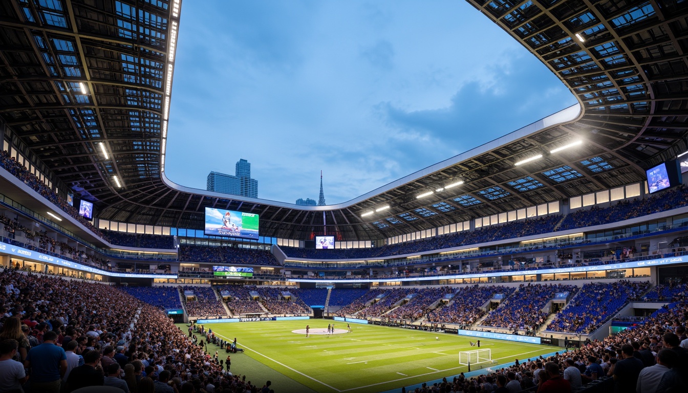 Prompt: Futuristic football stadium, aerodynamic curves, metallic latticework facade, neon-lit LED strips, retractable roof, cantilevered seating areas, sleek glass panels, angular support beams, vibrant color schemes, dynamic LED light shows, misting systems, urban skyline views, bustling city atmosphere, high-tech scoreboards, immersive audio systems, 3/4 composition, low-angle shot, dramatic shadows, cinematic lighting, realistic reflections.