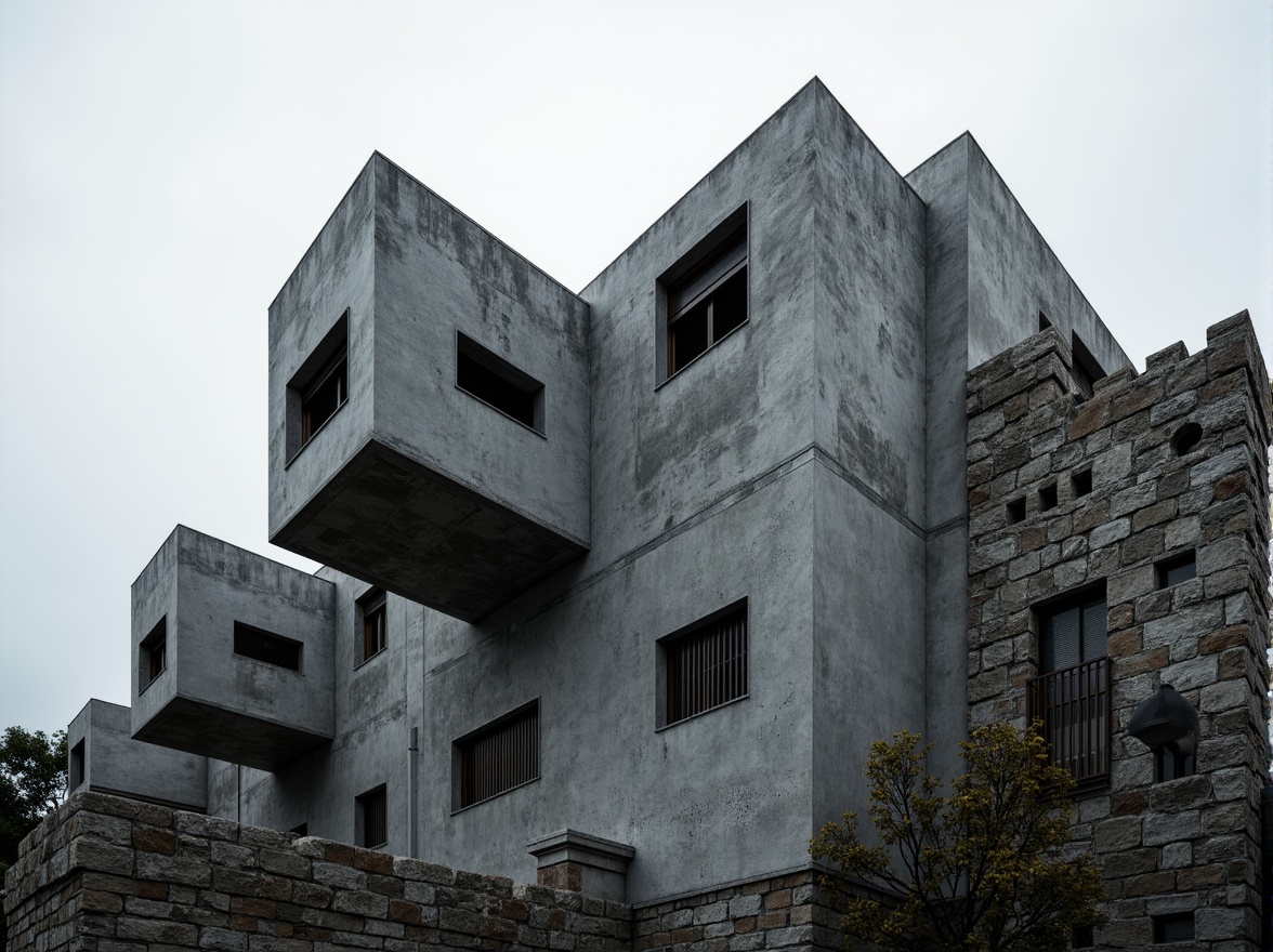 Prompt: Rugged brutalist building, raw concrete textures, industrial metal accents, weathered stone walls, fortress-like structures, dramatic cantilevered roofs, bold geometric forms, minimalist ornamentation, cold monochromatic color palette, overcast skies, stark shadows, high-contrast lighting, cinematic composition, shallow depth of field, 2/3 aspect ratio, realistic renderings, ambient occlusion.