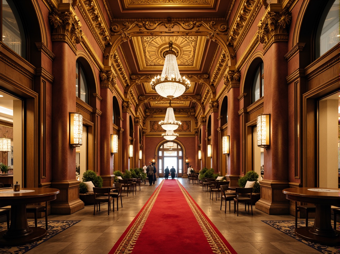 Prompt: Grandiose casino facade, ornate Corinthian columns, intricately carved stonework, lavish golden details, majestic archways, symmetrical composition, grand entrance, red carpet, crystal chandeliers, opulent interior design, luxurious textures, warm ambient lighting, shallow depth of field, 1/1 composition, realistic reflections, detailed architectural ornaments, subtle gradient maps.