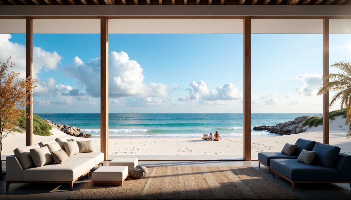 Prompt: Calming ocean views, serene beach scenes, clear blue skies, soft fluffy clouds, gentle waves, driftwood accents, weathered stone textures, creamy white sandy dunes, minimalist modern architecture, large glass windows, sliding doors, cozy reading nooks, plush navy blue sofas, crisp white linens, natural fiber rugs, warm golden lighting, shallow depth of field, 3/4 composition, panoramic view, realistic water effects, ambient occlusion.