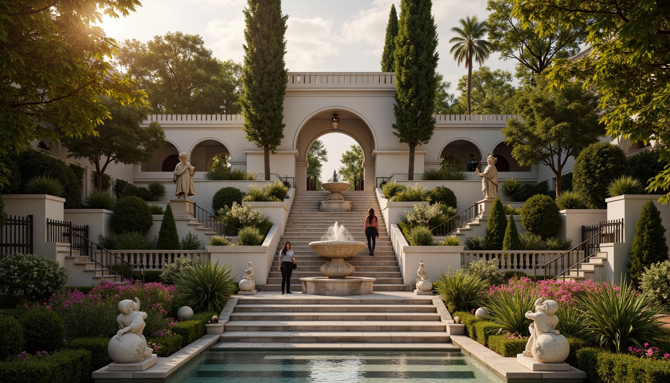 Prompt: Ornate fountain, grand staircase, symmetrical gardens, manicured hedges, topiary trees, vibrant flowerbeds, statues of mythological figures, intricate stone carvings, ornate iron gates, meandering walkways, tranquil ponds, reflecting pools, majestic entranceways, dramatic lighting effects, warm golden illumination, 1/2 composition, shallow depth of field, realistic textures, ambient occlusion.