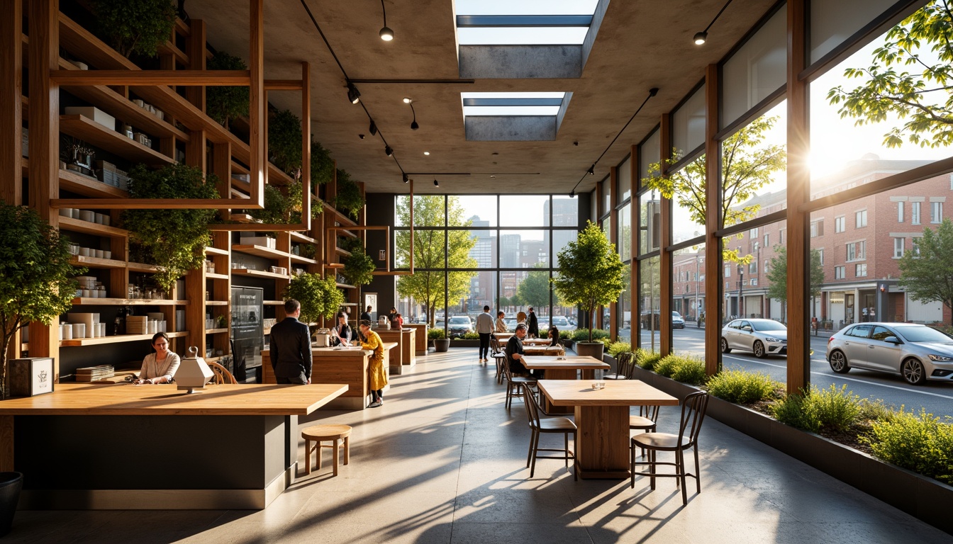 Prompt: Cozy coffee shop interior, warm wooden accents, large windows, glass doors, natural stone floors, minimalist decor, greenery walls, lush plants, skylights, clerestory windows, soft warm lighting, shallow depth of field, 3/4 composition, panoramic view, realistic textures, ambient occlusion, urban cityscape views, bustling street scenes, morning sunlight, afternoon warmth, comfortable seating areas, rustic wooden tables, industrial metal chairs.