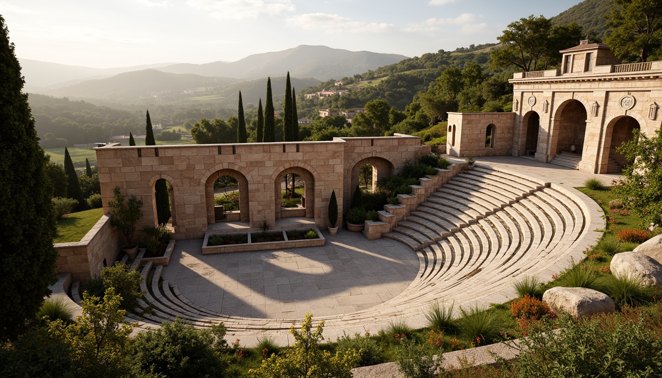 Prompt: Ancient Romanesque amphitheater, lush greenery, natural stone seating, ornate arches, grandiose columns, rustic brick facades, Mediterranean landscape, rolling hills, olive groves, cypress trees, sunny afternoon, warm golden lighting, shallow depth of field, 3/4 composition, panoramic view, realistic textures, ambient occlusion, integrated water features, naturalistic plantings, meandering pathways, scenic overlooks, historic preservation, cultural heritage, rustic charm.