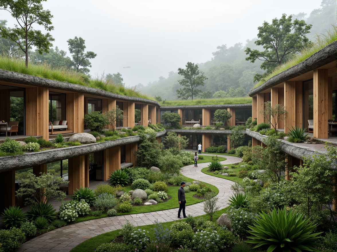 Prompt: Seamless blend of building and nature, organic curves, lush green roofs, native plant species, meandering walkways, natural stone walls, wooden accents, earthy color palette, soft diffused lighting, misty atmosphere, shallow depth of field, 1/2 composition, intimate scale, serene ambiance, eco-friendly materials, sustainable design principles, minimal visual impact, harmonious coexistence.