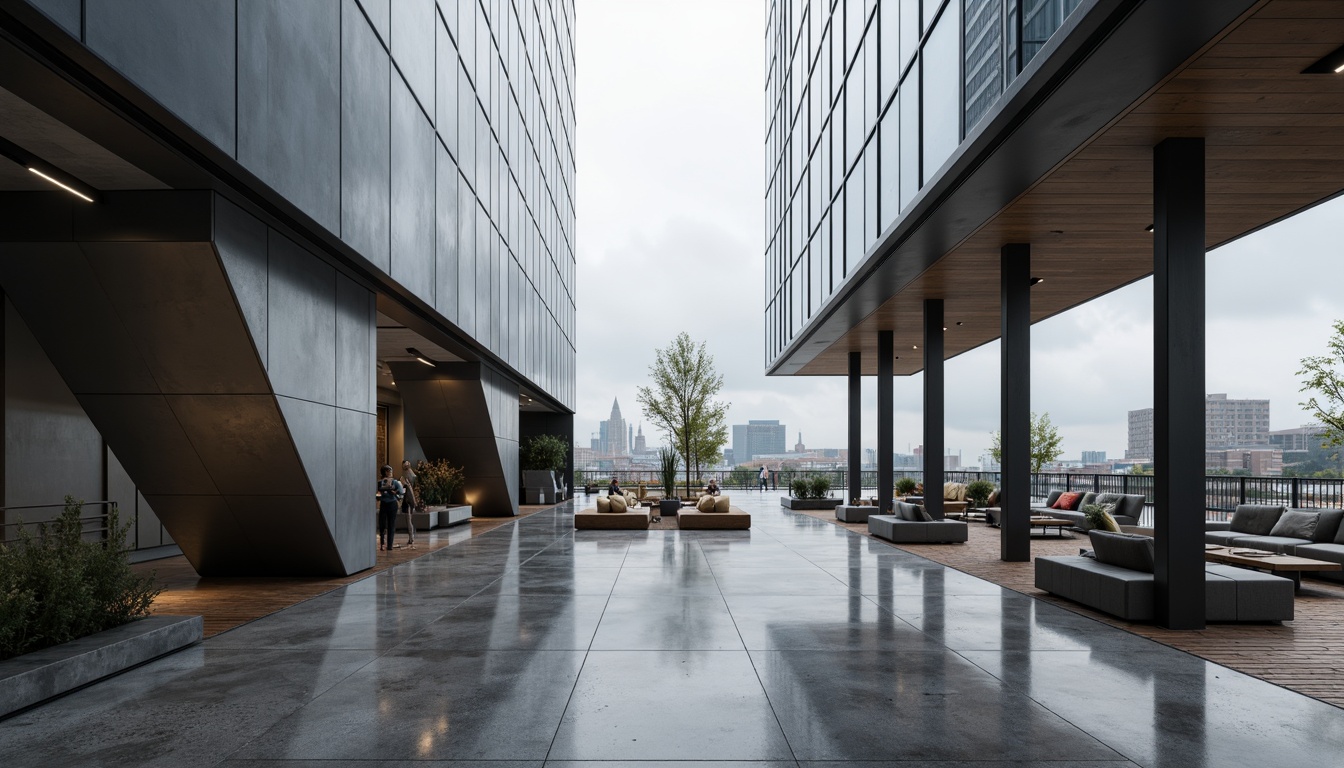 Prompt: Sleek modern buildings, curved lines, metallic surfaces, reflective glass facades, polished concrete floors, minimalist decor, industrial chic accents, reclaimed wood textures, exposed ductwork, urban cityscape, cloudy grey skies, soft diffused lighting, shallow depth of field, 2/3 composition, cinematic view, realistic reflections, ambient occlusion.