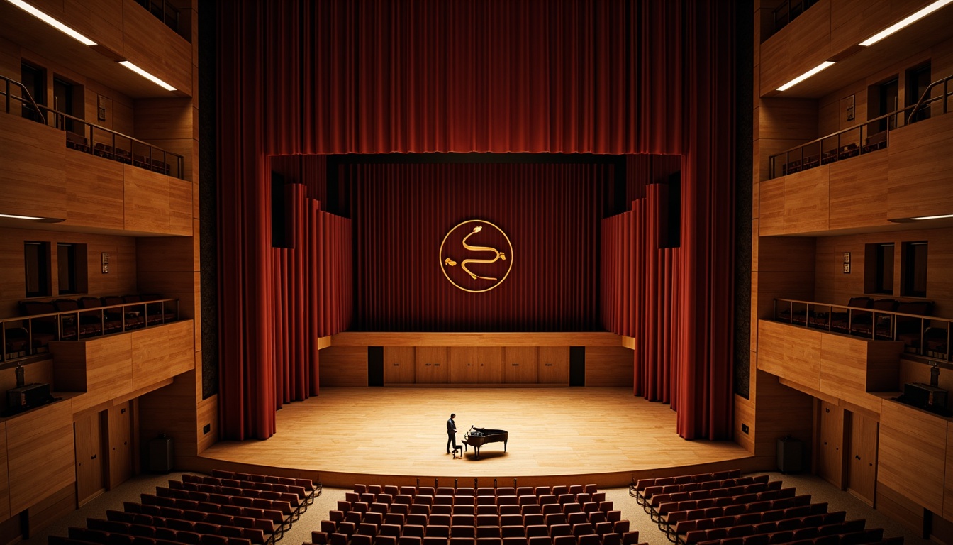 Prompt: Intimate concert hall, wooden stage, grand piano, velvet curtains, plush audience seating, sound-absorbing panels, acoustic diffusers, reverberation-enhancing architecture, warm ambient lighting, subtle color scheme, rich wood tones, ornate details, precise sound reflection, 1/2 composition, shallow depth of field, soft focus, realistic textures, ambient occlusion.