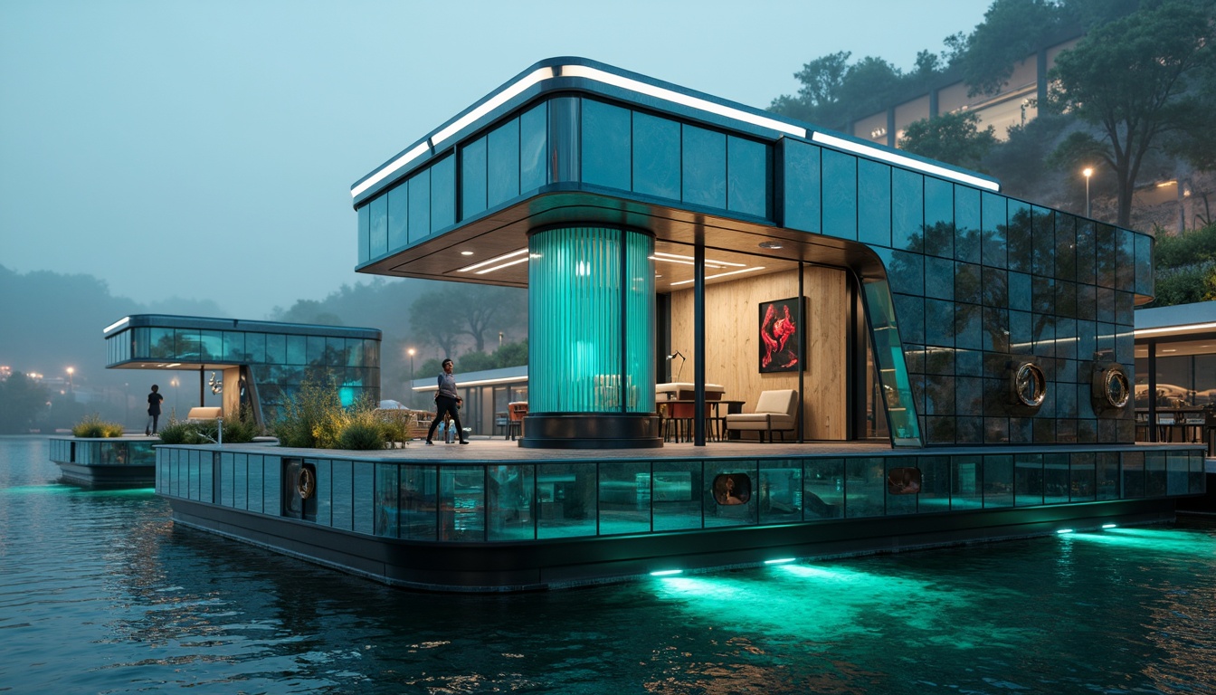 Prompt: Futuristic boathouse, metallic accents, iridescent hues, neon lights, glowing aqua tones, sleek glass surfaces, reflective chrome details, weathered wood textures, nautical ropes, porthole windows, angular lines, minimalist decor, ambient LED lighting, misty morning atmosphere, shallow water reflections, 1/1 composition, realistic renderings, high-contrast colors, vibrant turquoise accents.