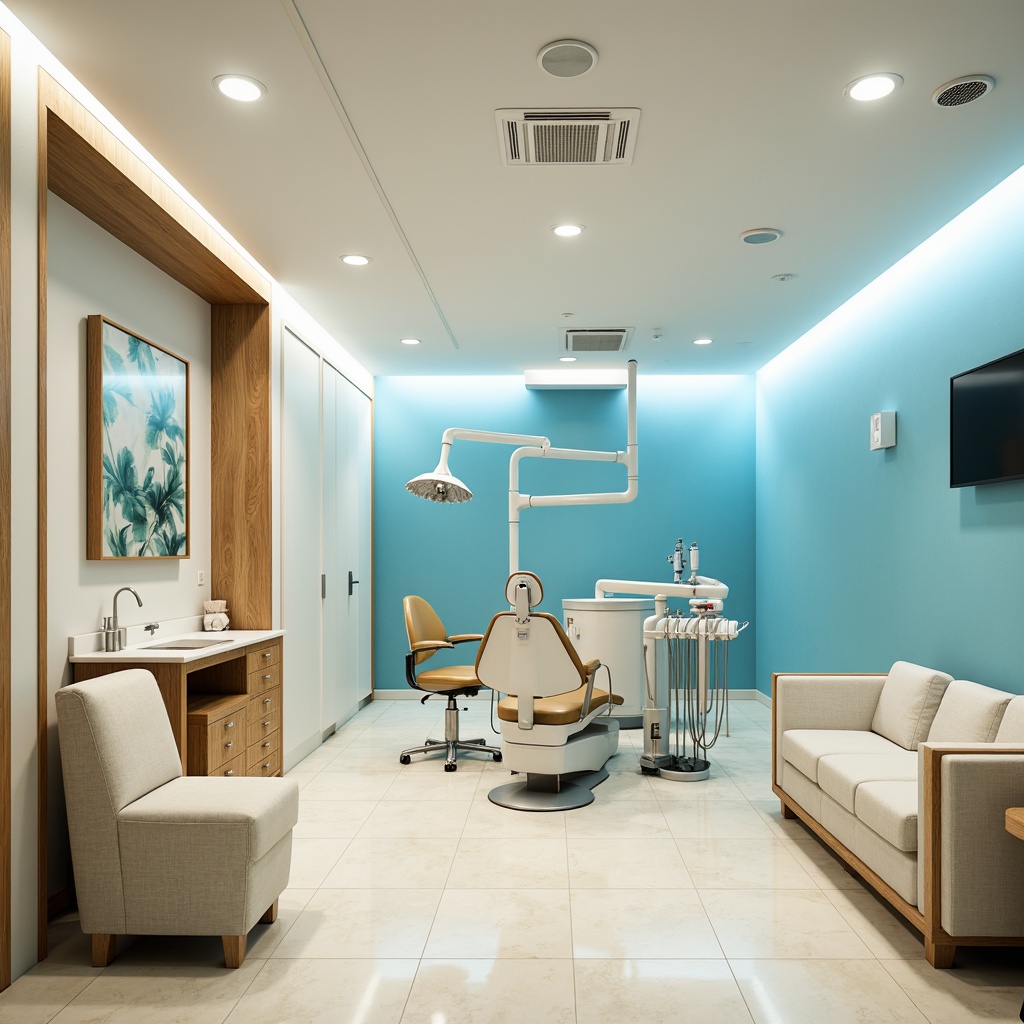 Prompt: Vibrant dental clinic, calming atmosphere, soothing color palette, gentle blue hues, creamy whites, warm beige tones, natural wood accents, modern minimalist furniture, sleek metal equipment, sterile glass surfaces, soft diffused lighting, subtle texture contrasts, 3/4 composition, shallow depth of field, realistic renderings, ambient occlusion.