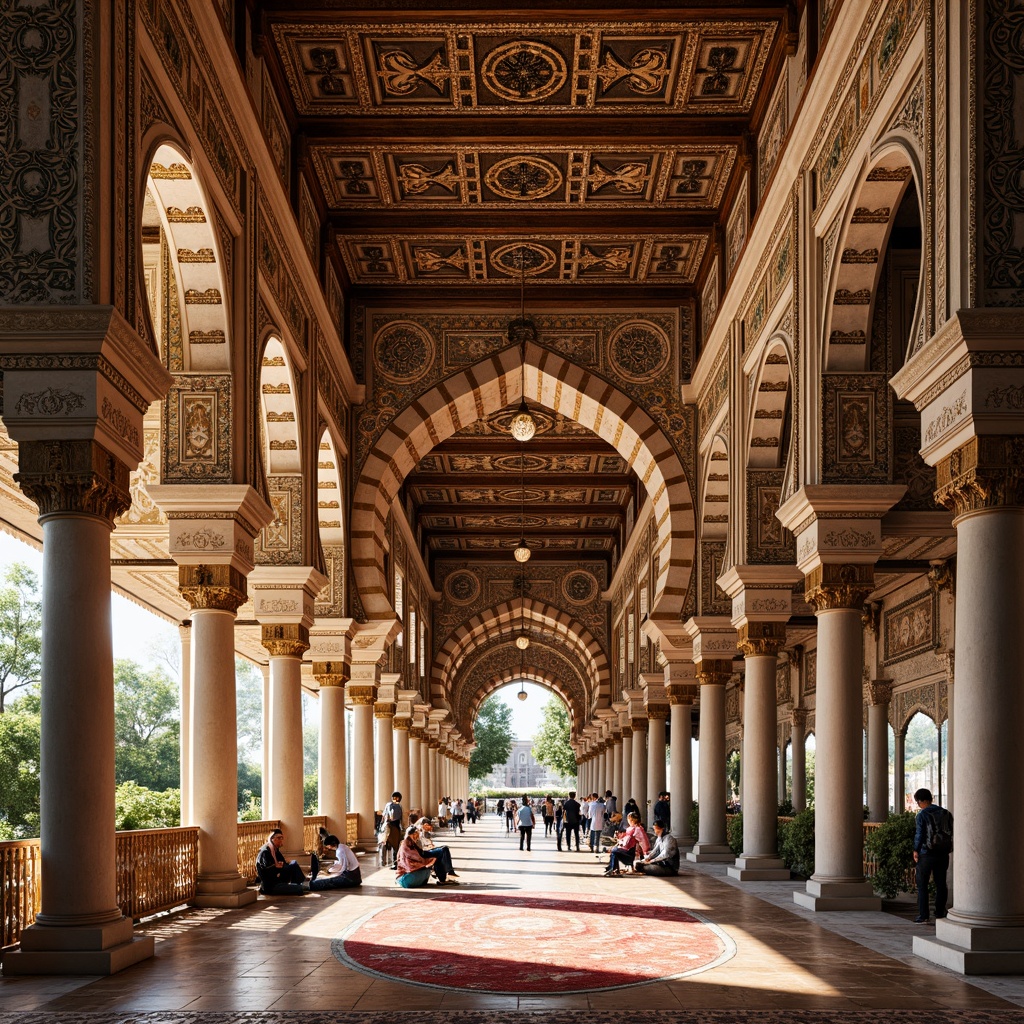 Prompt: Vibrant Islamic architecture, intricate geometric motifs, bold arches, ornate columns, mesmerizing tessellations, colorful mosaics, luxurious textiles, opulent furnishings, lavish decorations, grandiose spaces, symmetrical compositions, Moorish-inspired details, Arabic calligraphy, rich cultural heritage, warm golden lighting, shallow depth of field, 1/2 composition, panoramic view, realistic textures, ambient occlusion.