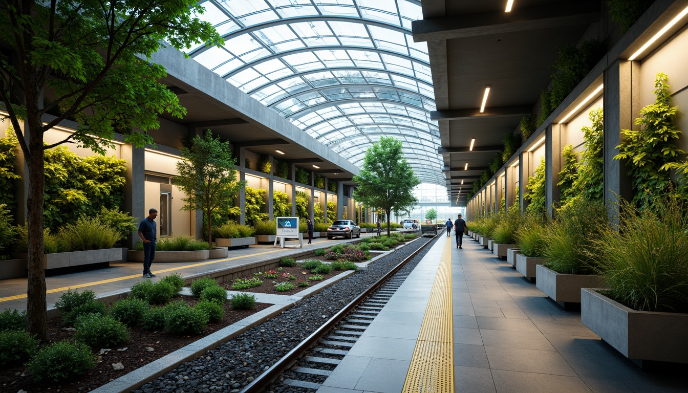 Prompt: Vibrant metro station, modern architecture, glass ceilings, natural light pouring in, lush greenery, living walls, urban landscape integration, seamless transitions, pedestrian-friendly zones, gentle ramps, accessible walkways, public art installations, LED lighting, futuristic ambiance, soft warm glow, shallow depth of field, 1/1 composition, panoramic view, realistic textures, ambient occlusion.