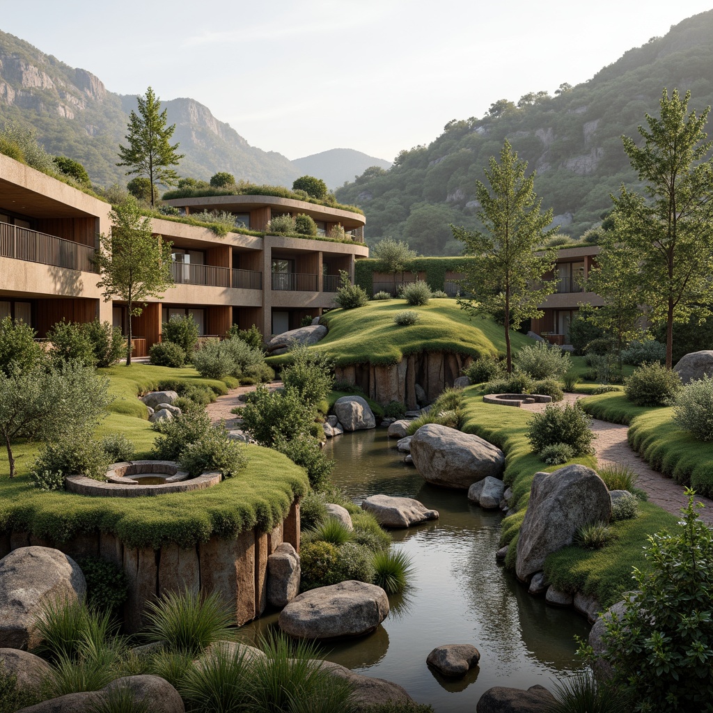 Prompt: Harmonious landscape integration, curvaceous buildings, lush green roofs, native plant species, meandering water features, natural stone walls, wooden accents, earthy tones, organic forms, seamless transitions, panoramic views, soft warm lighting, atmospheric perspective, 1/1 composition, realistic textures, ambient occlusion, subtle color palette, serene ambiance.