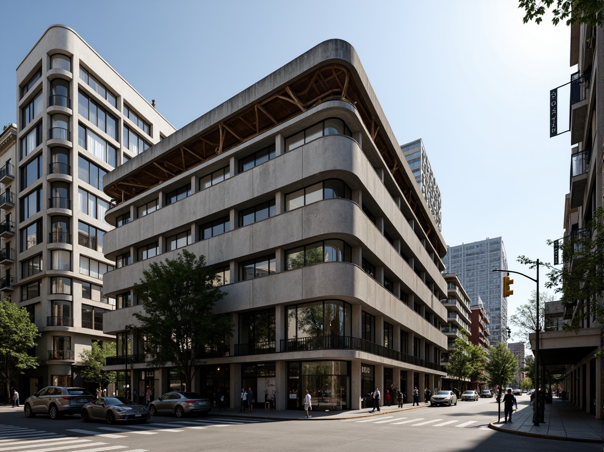 Prompt: Rugged brutalist building, exposed concrete walls, raw steel beams, industrial-style windows, cantilevered rooflines, dramatic shadows, urban cityscape, busy streets, modern skyscrapers, dense metropolitan area, harsh overhead lighting, deep depth of field, 1/1 composition, low-angle shot, gritty textures, ambient occlusion.