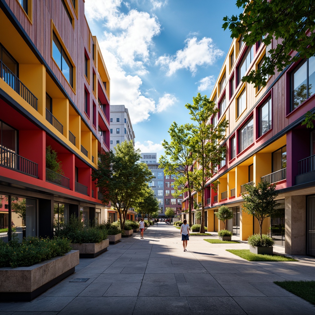 Prompt: Vibrant urban landscape, modern architectural design, bold color blocking, contrasting textures, metallic accents, warm neutral tones, rich wood grains, sleek glass surfaces, dynamic lighting effects, dramatic shadows, 3/4 composition, atmospheric perspective, realistic reflections, ambient occlusion.