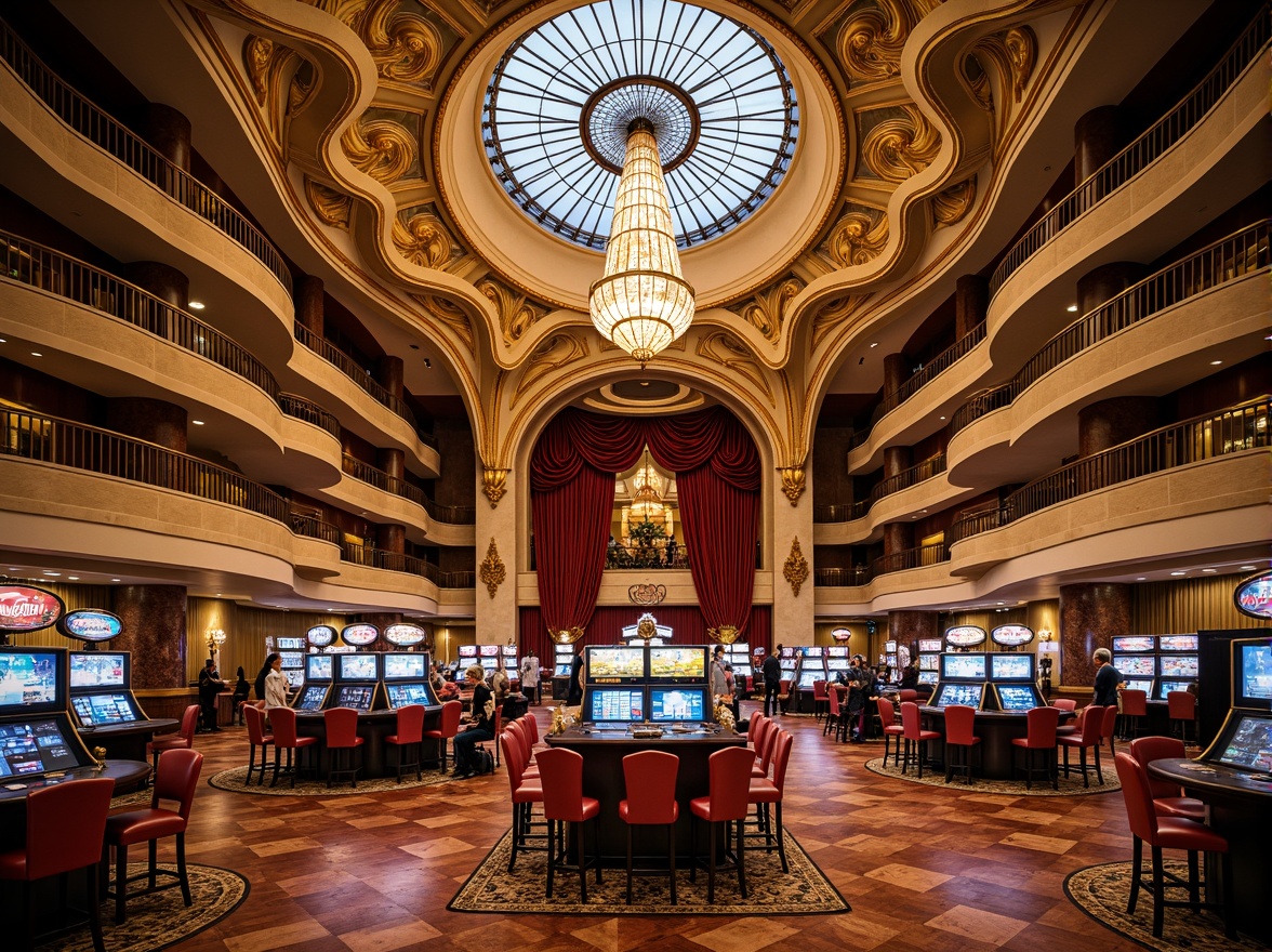 Prompt: Luxurious casino interior, ornate Art Nouveau detailing, flowing curves, organic patterns, golden accents, intricate moldings, stained glass ceilings, grand chandeliers, velvet drapes, marble floors, rich wood paneling, elaborate furnishings, decorative metalwork, ornamental ceramics, lavish textiles, soft warm lighting, shallow depth of field, 1/1 composition, realistic reflections, ambient occlusion.