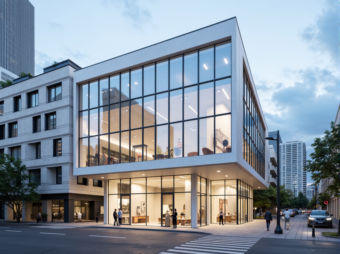 Prompt: Modern building exterior, sleek glass fa\u00e7ade, neutral color scheme, calming whites, creams, and grays, subtle metallic accents, reflective surfaces, urban cityscape, cloudy blue sky, natural light, soft shadows, 3/4 composition, shallow depth of field, realistic textures, ambient occlusion.